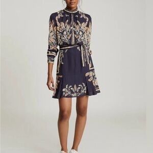 Reiss Navy Floral Long Sleeve Mini Dress Belted Size 6